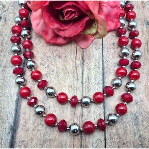 Nice Long Silver Tone Ball Bead & Red Faceted Strand Necklace 36"  Statement